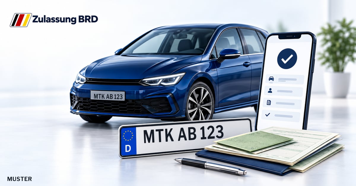 Online Fahrzeugzulassung in Bad Soden am Taunus: Musterkennzeichen MTK AB 123, Auto und Fahrzeugpapiere und Smartphone. Illustration mit Logo von Zulassung BRD.